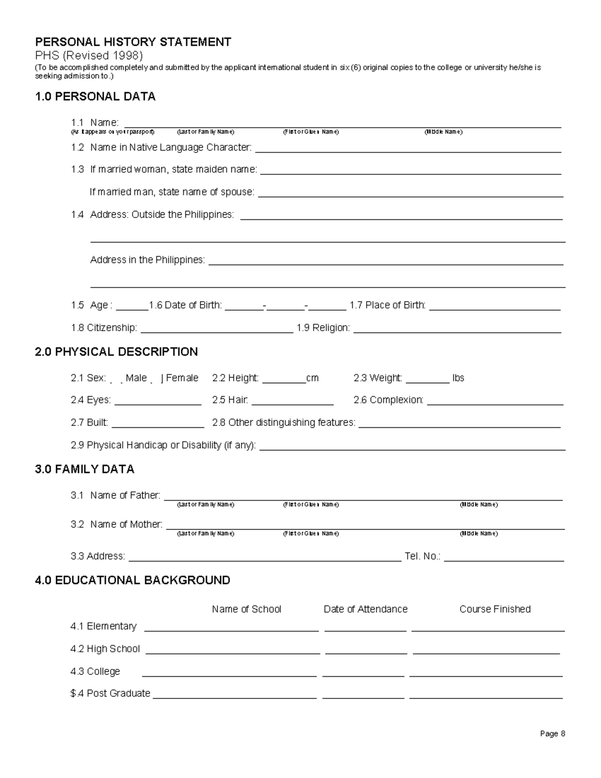 Personal History Statement for International Students (PHS) - Studocu