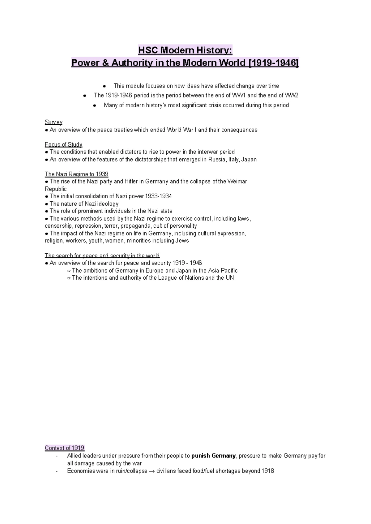 HSC Modern History: Rise of Dictatorships Post WWI Notes - Studocu