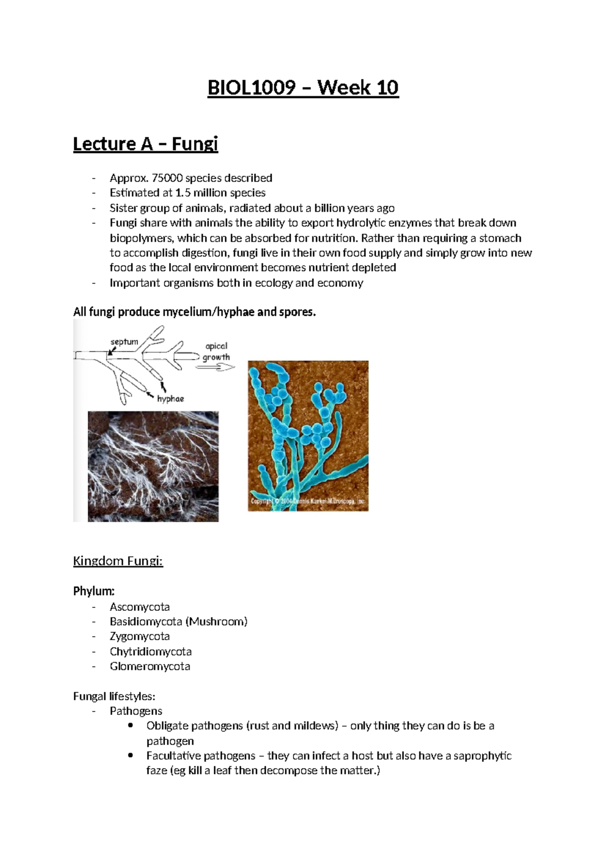 BIOL1009 - W10 - Week 10 notes - BIOL1009 – Week 10 Lecture A – Fungi ...