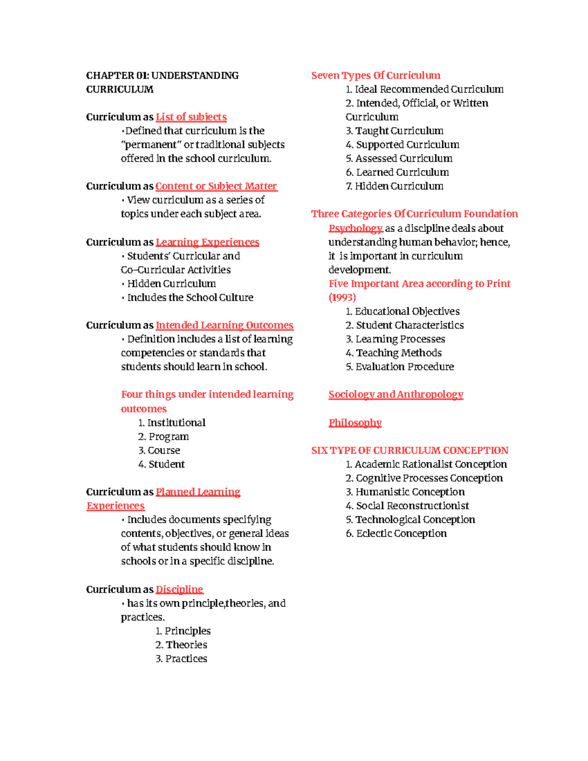 CHAPTER 01: UNDERSTANDING CURRICULUM AND ITS ELEMENTS - Studocu