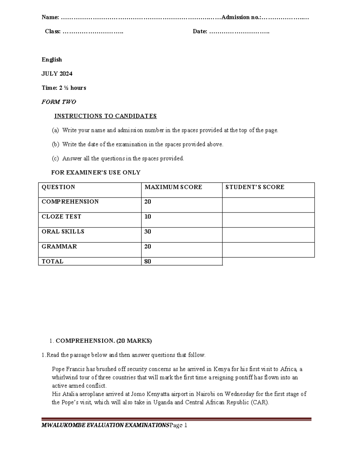FORM 2 ENG End of Term 2 - English Literature Exam Paper - Studocu