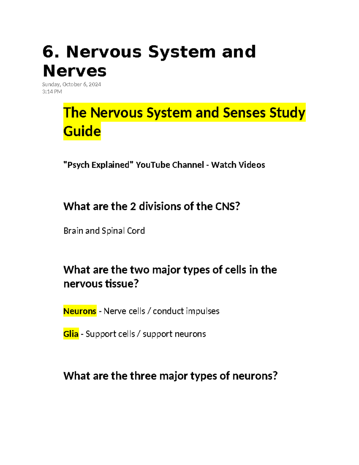 6. Nervous System & Senses Test Review Guide for Course 6 - Studocu