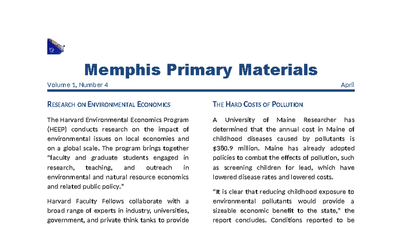 Memphis Primary Materials Volume 1, No. 4: Environmental Economics ...