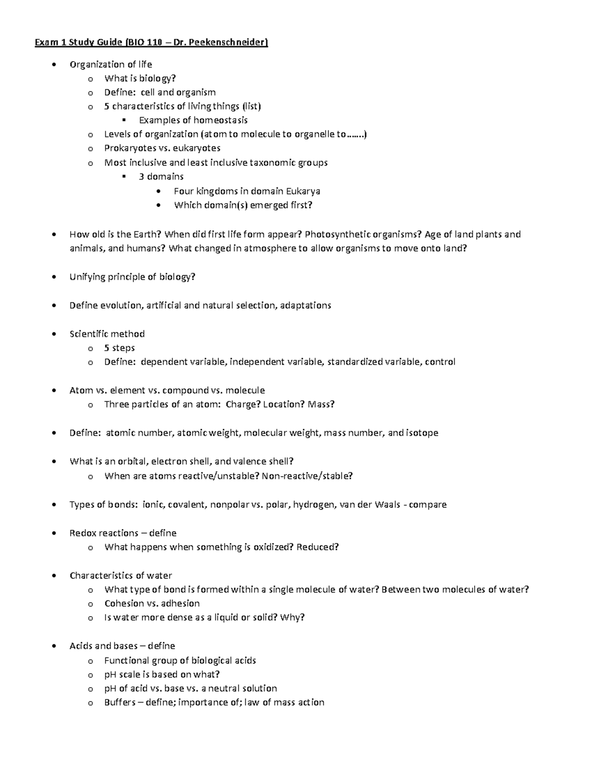 Exam 1 Study Guide (BIO 110 – Dr. Peekenschneider) - Exam 1 Study Guide ...