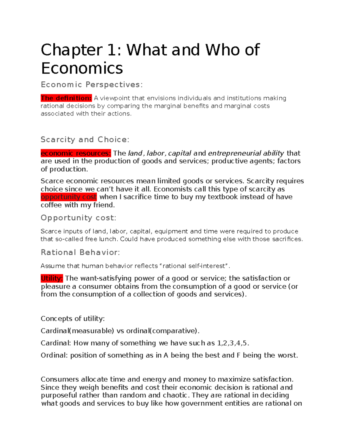 EKN 110 Chapter 1 - Economics Overview and Key Concepts Notes - Studocu