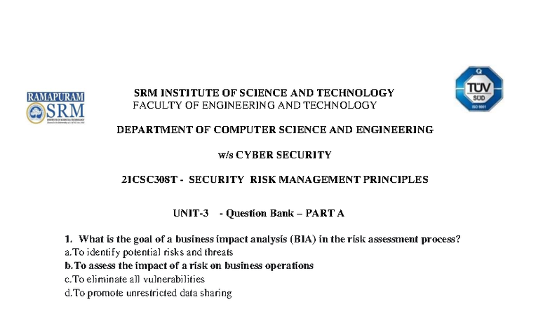 SRM 21CSC308T Cyber Security Risk Management Principles Question Bank ...
