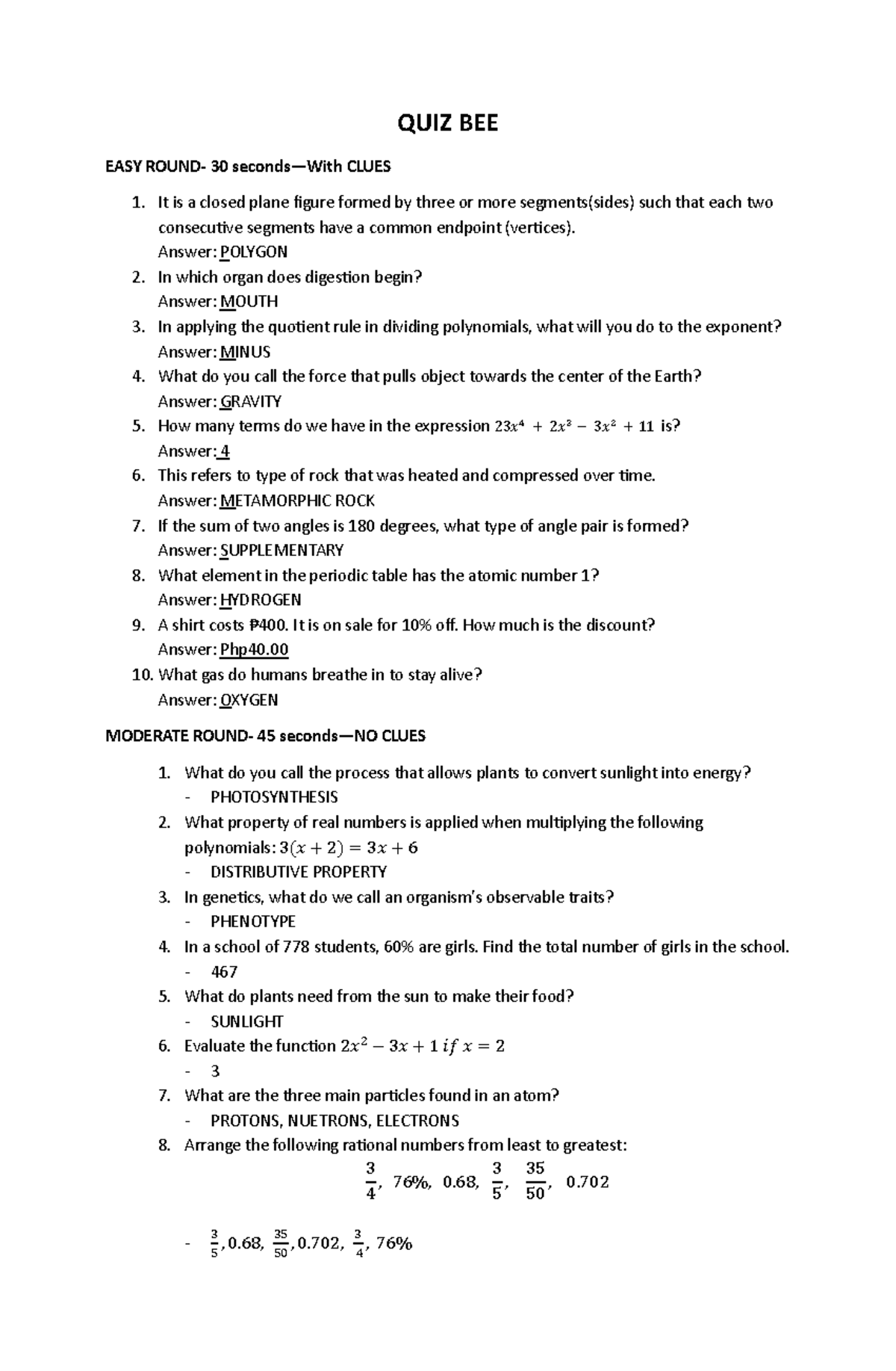 QUIZ BEE - Sci-Math Questions with Easy, Moderate, and Difficult Clues ...