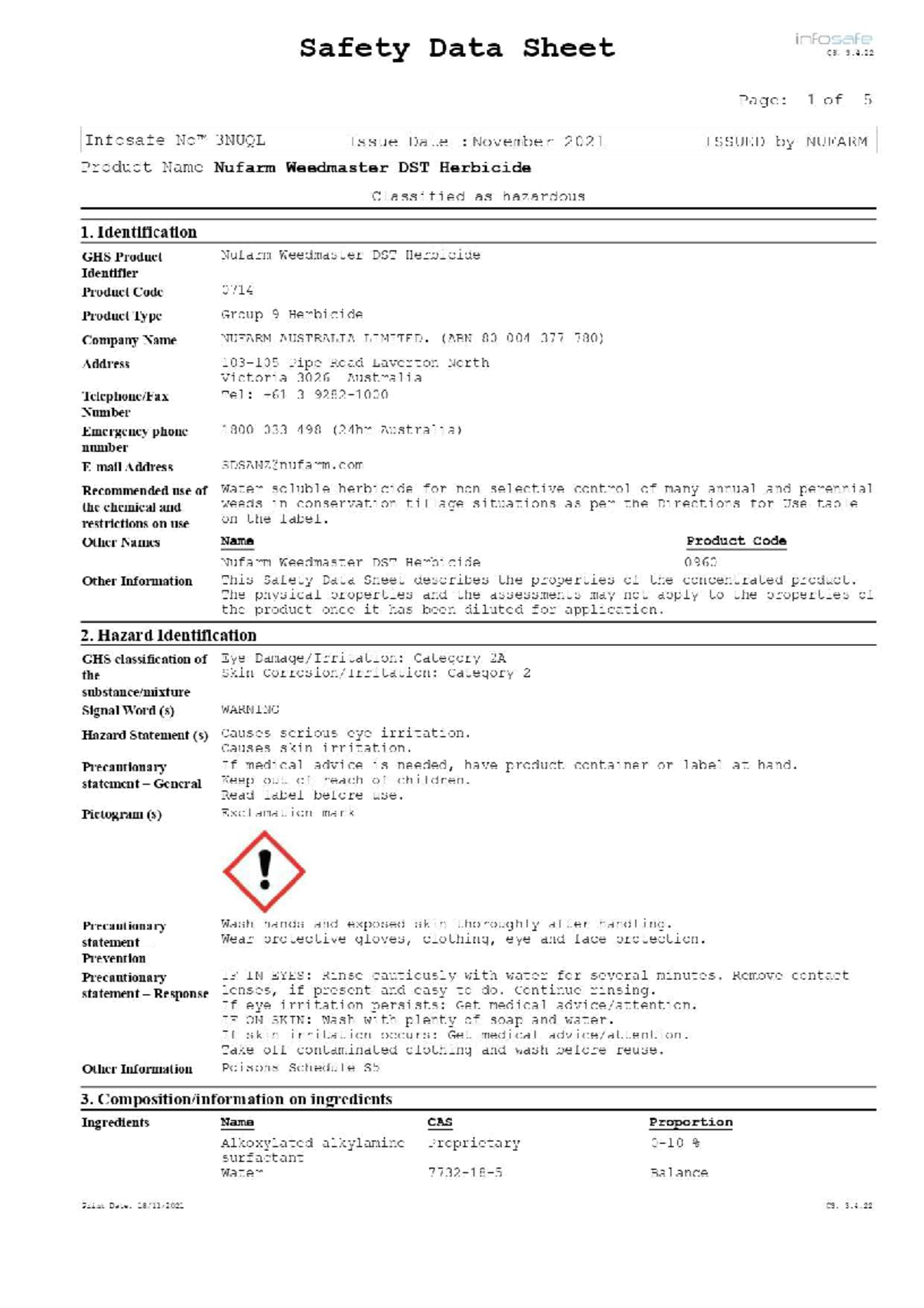 0714 Nufarm Weedmaster DST Herbicide Safety Data Sheet (SDS) - Studocu