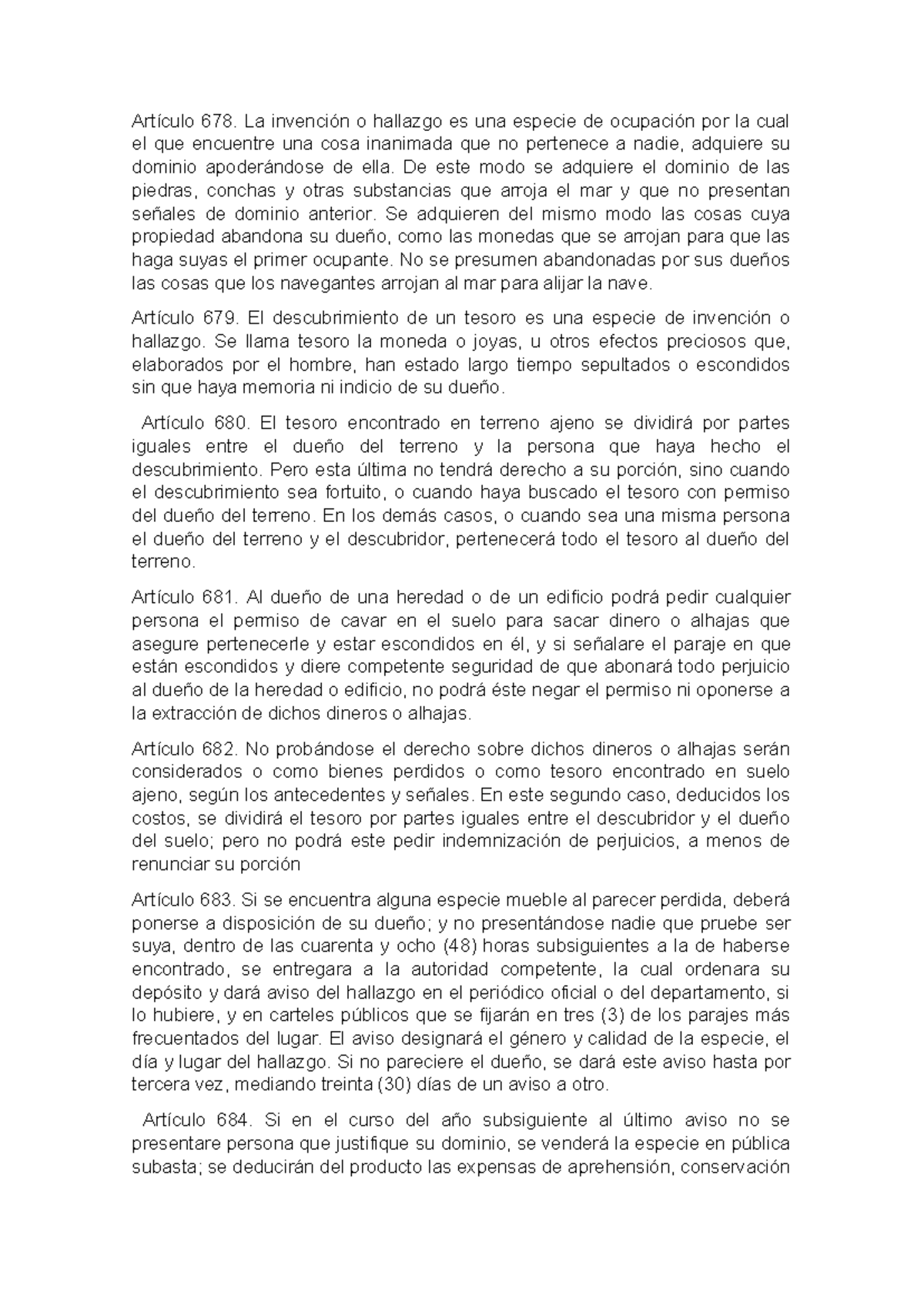 Código Civil II: Artículos 678 a 696 – Invención y Hallazgos - Studocu
