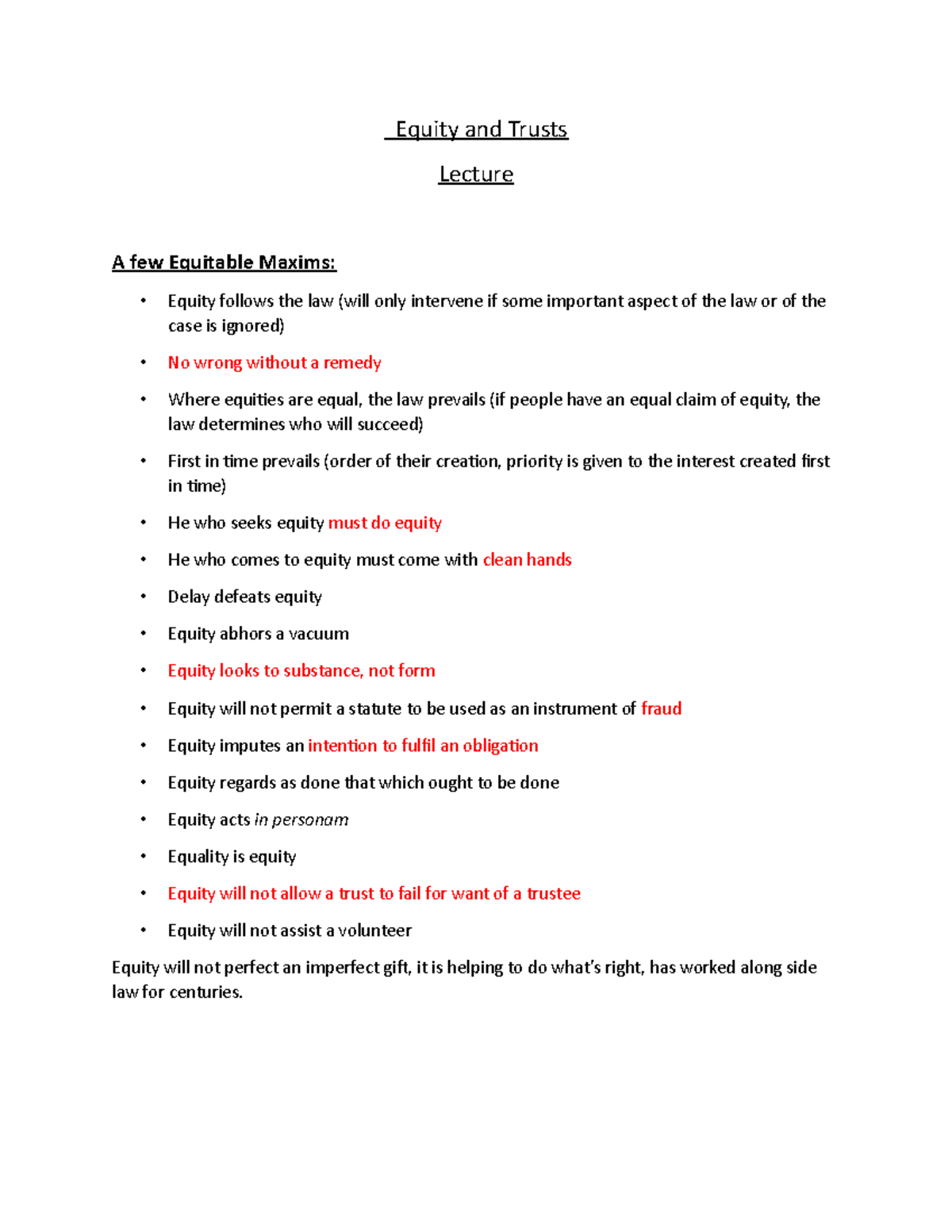 Equity and Trusts (LAW123) Complete Lecture Notes - Key Concepts ...