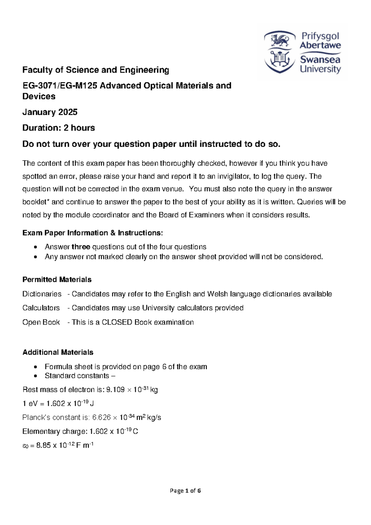 Advanced Optical Materials and Devices Exam Paper (ENGG 2025) - Studocu