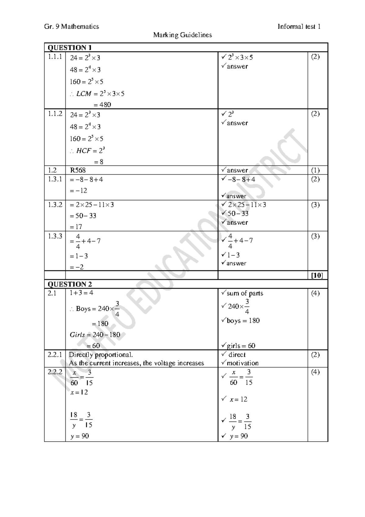 Gr. 9 Math Informal Test 1 Marking Guidelines and Solutions - Studocu