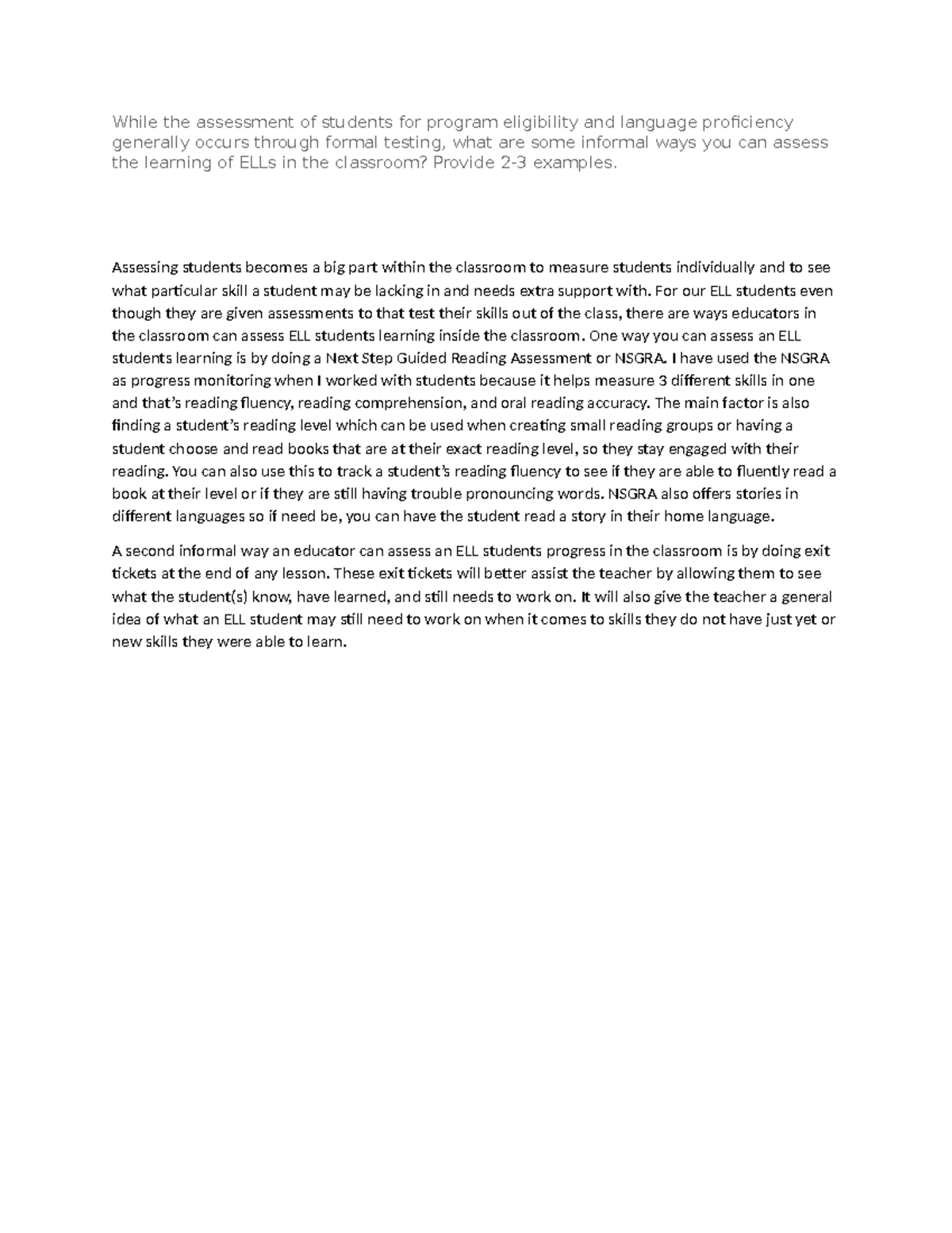 ESL 440 Topic 8 DQ 2: Informal Assessment Strategies for ELLs - Studocu