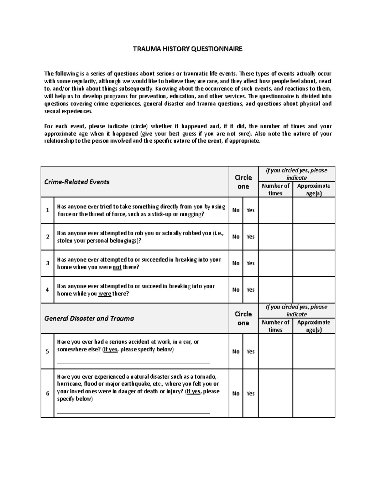 TRAUMA HISTORY QUESTIONNAIRE: Assessing Life Events Impact - Studocu