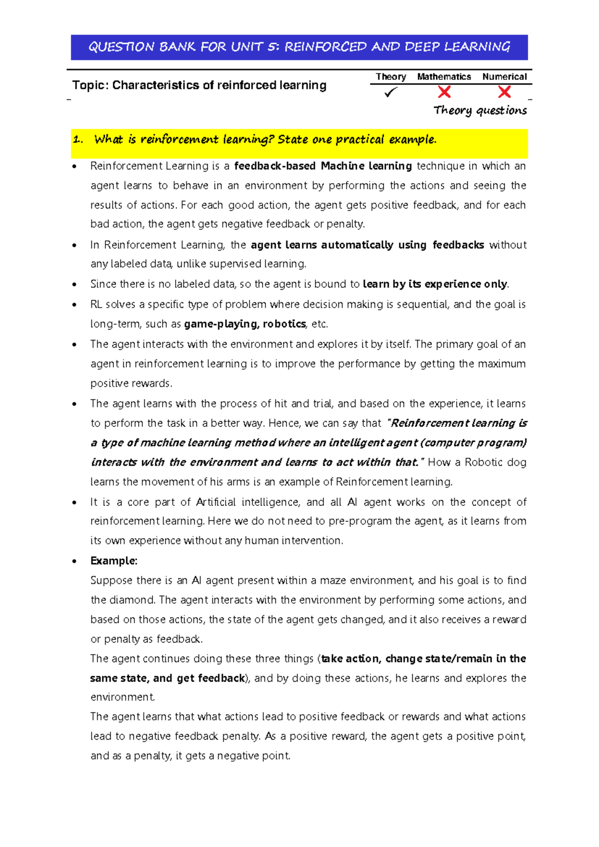 QUESTION BANK FOR UNIT 5: REINFORCED LEARNING & DEEP LEARNING Notes ...