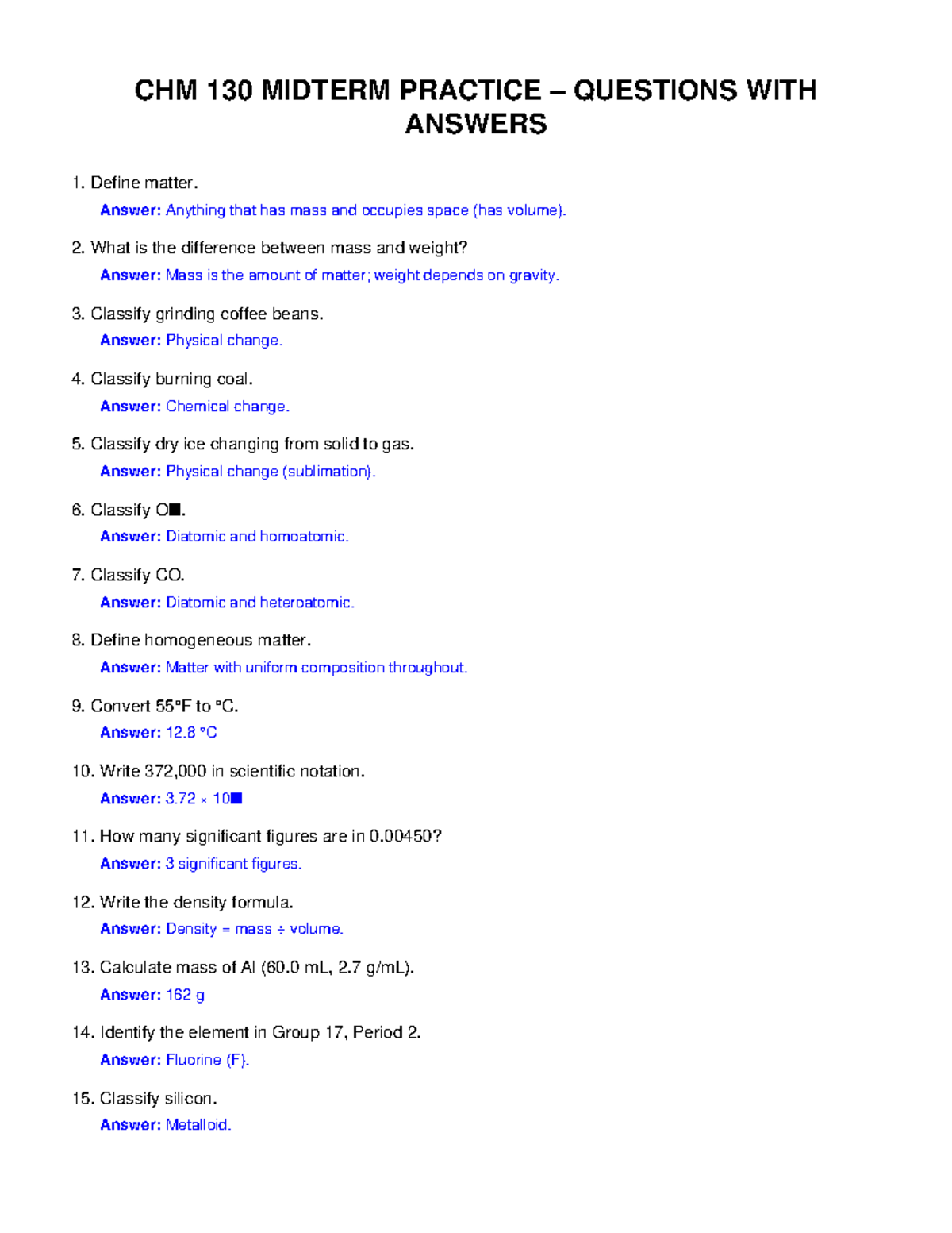 CHM 130 Midterm Practice Questions & Answers (50 Items) - Studocu