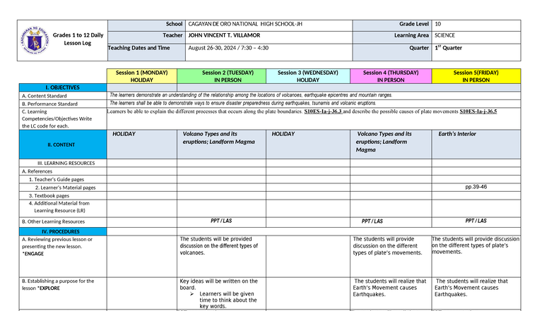 DLL Science 10: Daily Lesson Log for Aug 26-30, 2024 (Q1) - Studocu