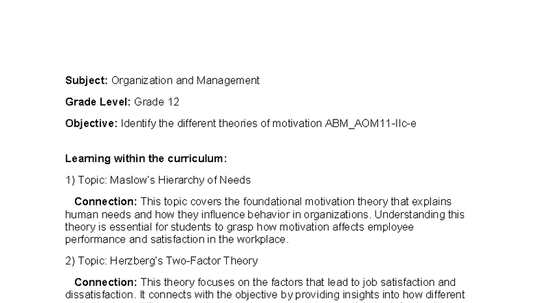Lesson Plan: Motivation Theories in Org & Mgmt (Grade 12) - Studocu