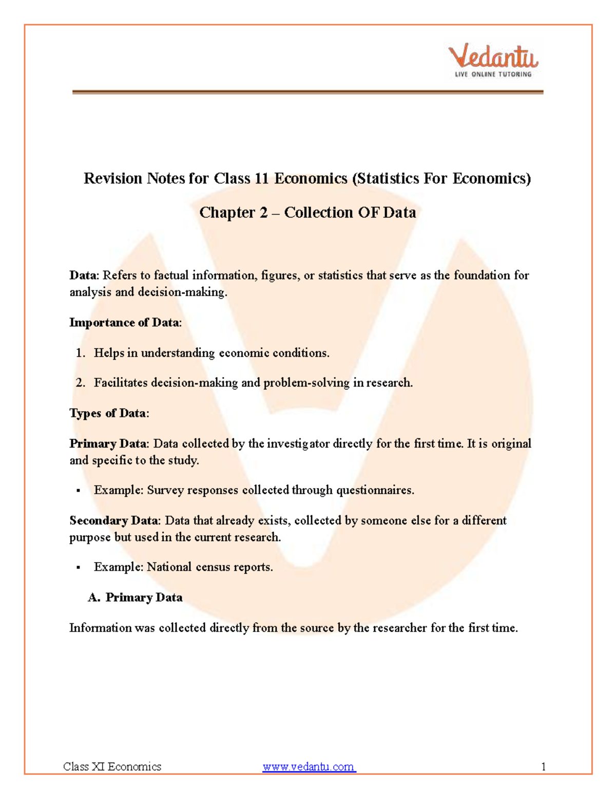 CBSE Class 11 Economics Revision Notes: Chapter 2 - Collection of Data ...
