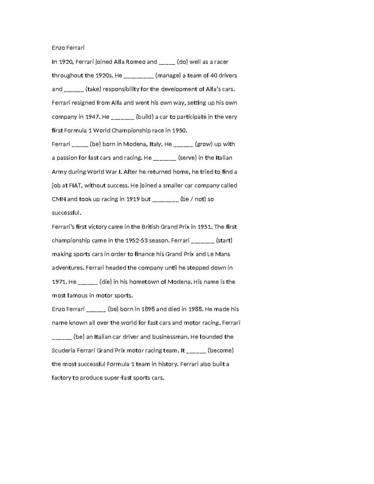 texto- Enzo Ferrari - Enzo Ferrari In 1920, Ferrari joined Alfa Romeo ...