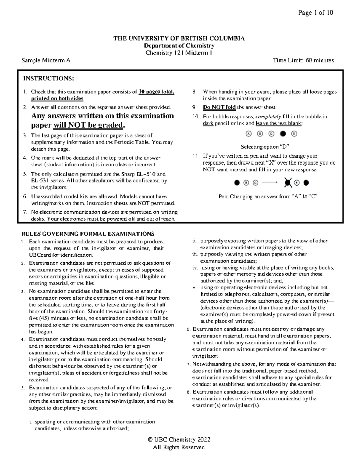 Sample CHEM121 Midterm 1 Exam A - Instructions and Questions - Studocu