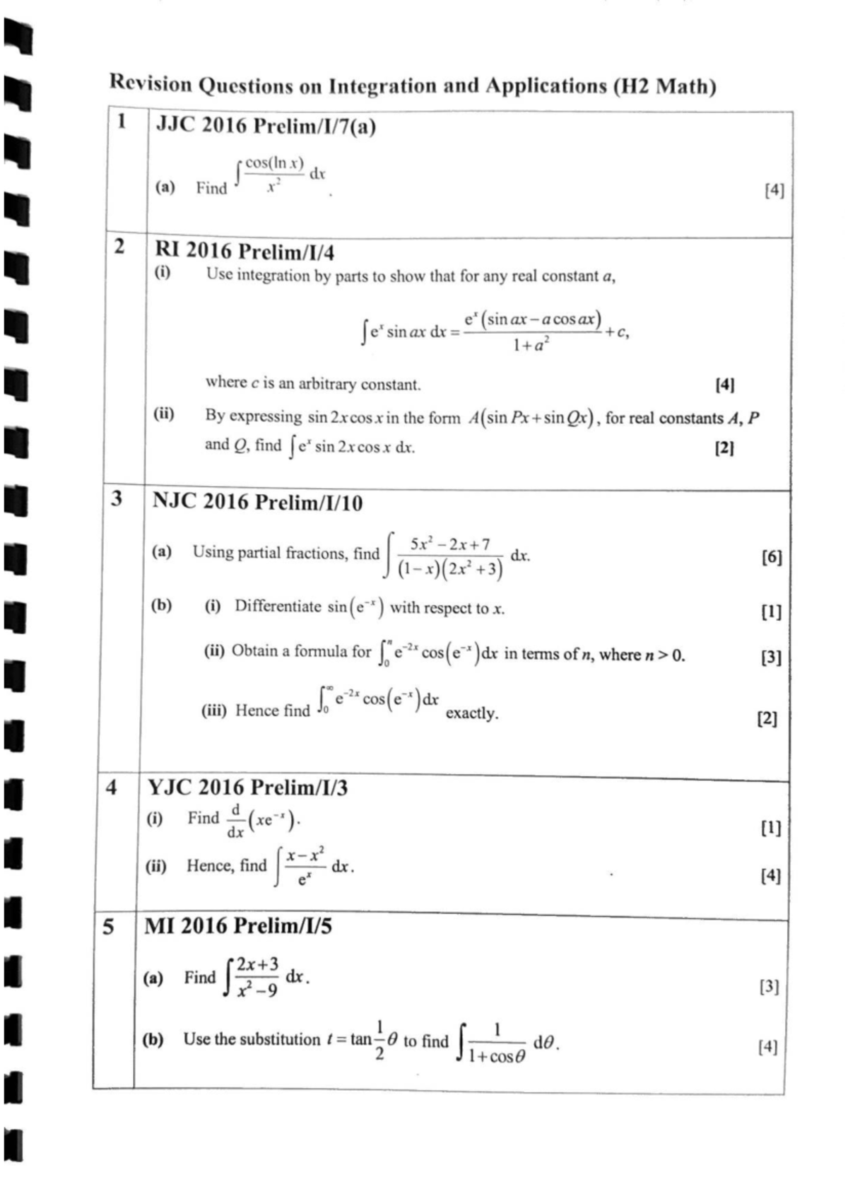 Integration Practice Questions (H2 Math) - Studocu