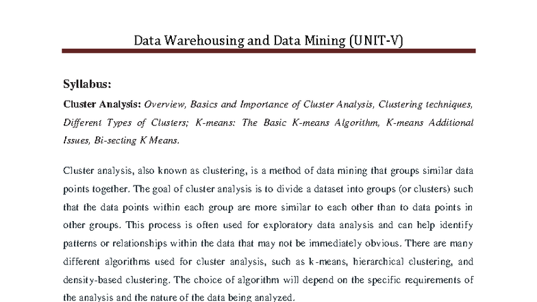 DWDM (Unit-5) - Comprehensive Overview of Cluster Analysis Techniques ...
