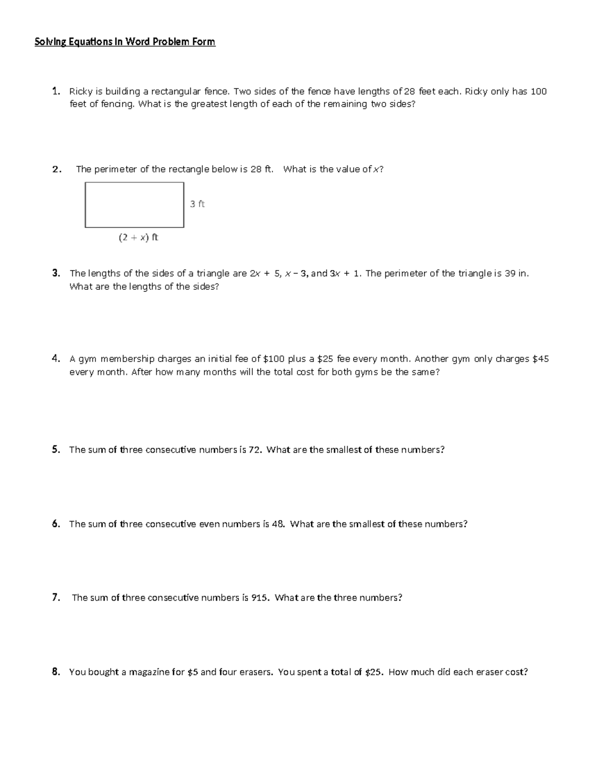 Solving Equations in Word Problems - Math Exercises & Examples - Studocu