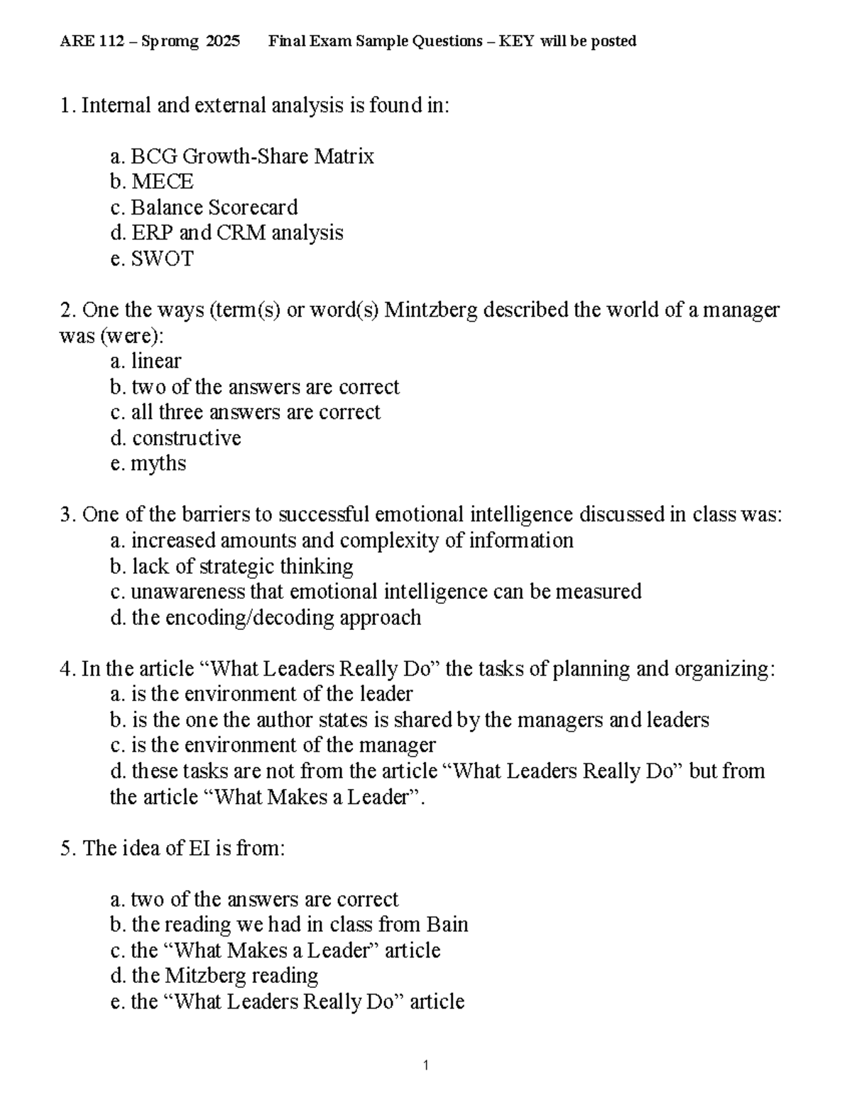 ARE 112 Spring 2025 Final Exam Sample Questions and Key Insights - Studocu