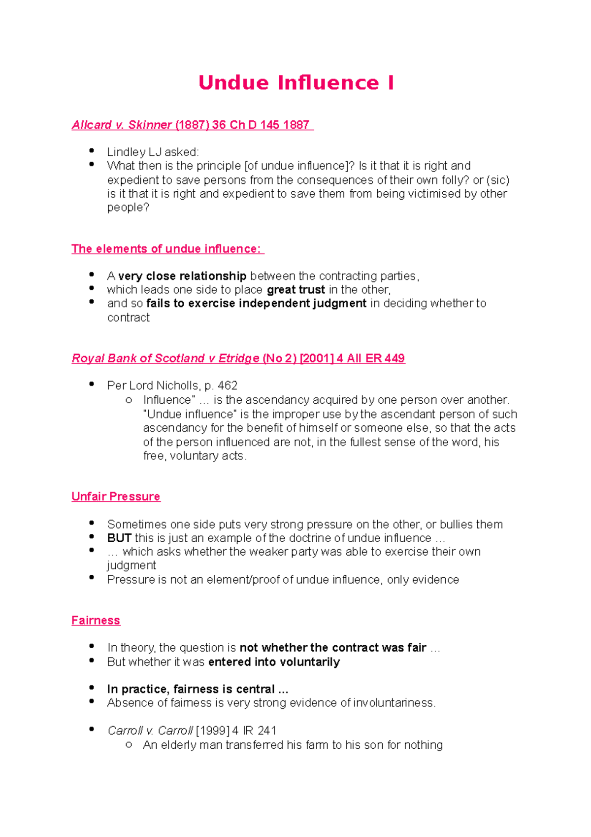**Undue Influence I: Legal Principles and Key Cases Overview** - Studocu
