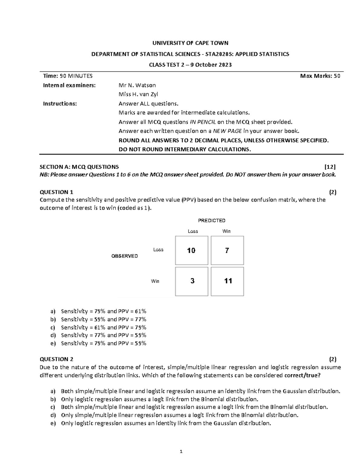 STA2020S 2023 Class Test 2: Applied Statistics Assessment Details - Studocu