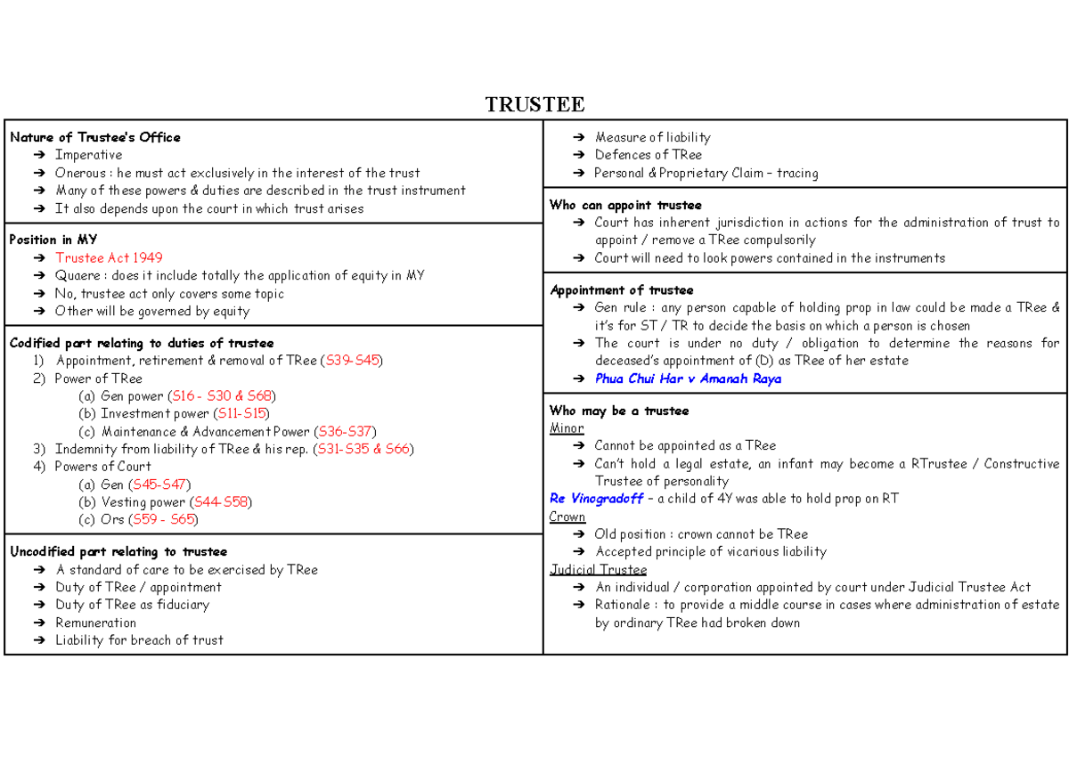 Trustee - Lecture Notes on Powers and Duties (MY) - Studocu