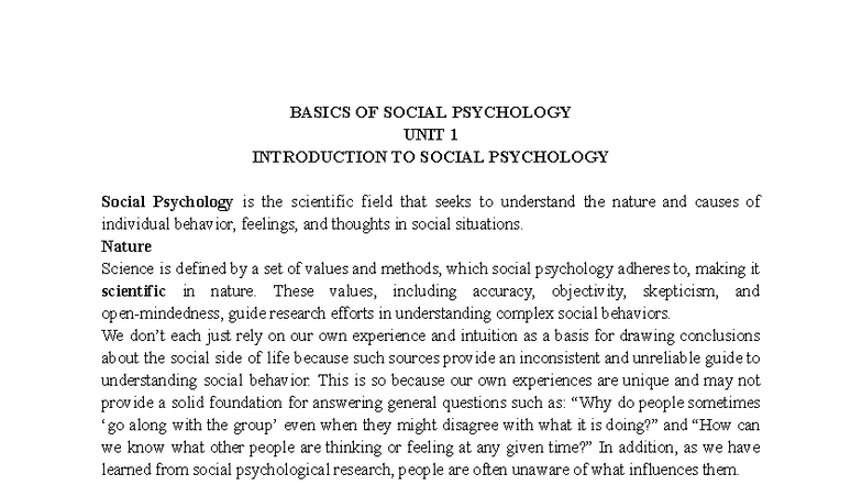 BASICS OF SOCIAL PSYCHOLOGY: UNIT 1 INTRODUCTION TO SOCIAL PSYCHOLOGY ...
