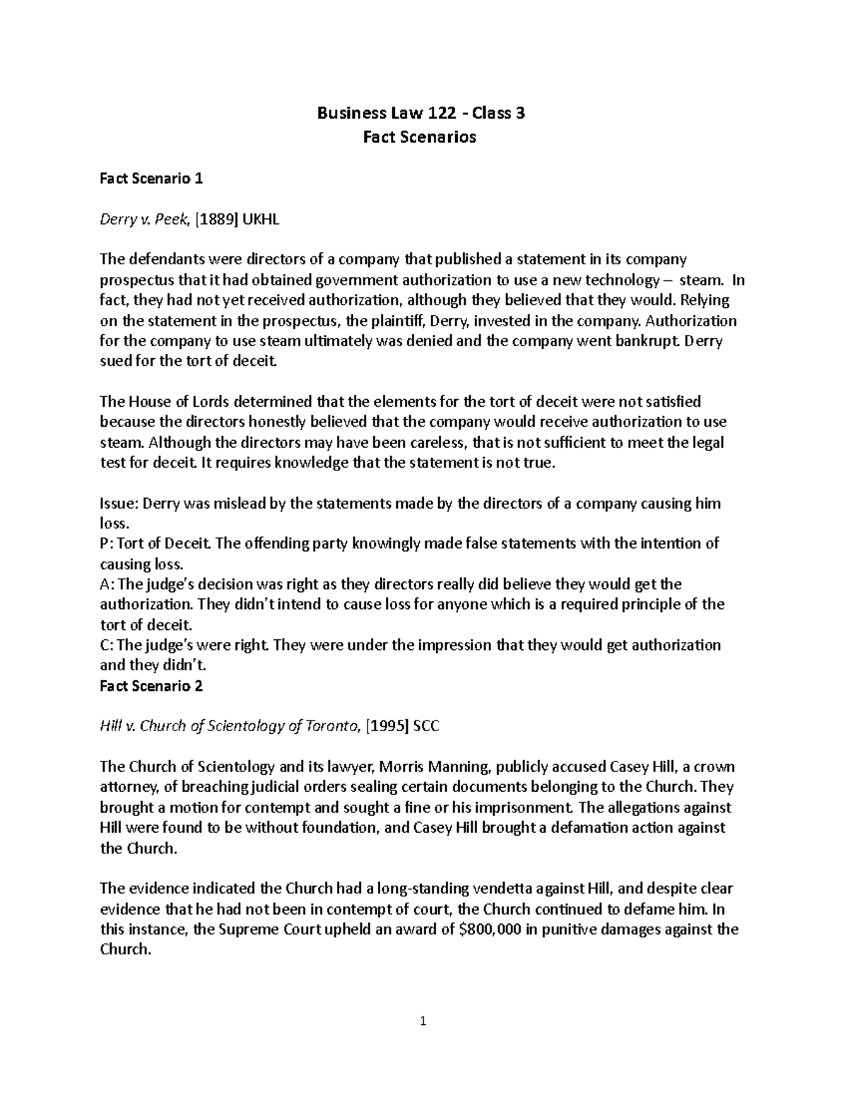 Business Law 122: Class 3 Fact Scenarios Analysis & Case Studies - Studocu