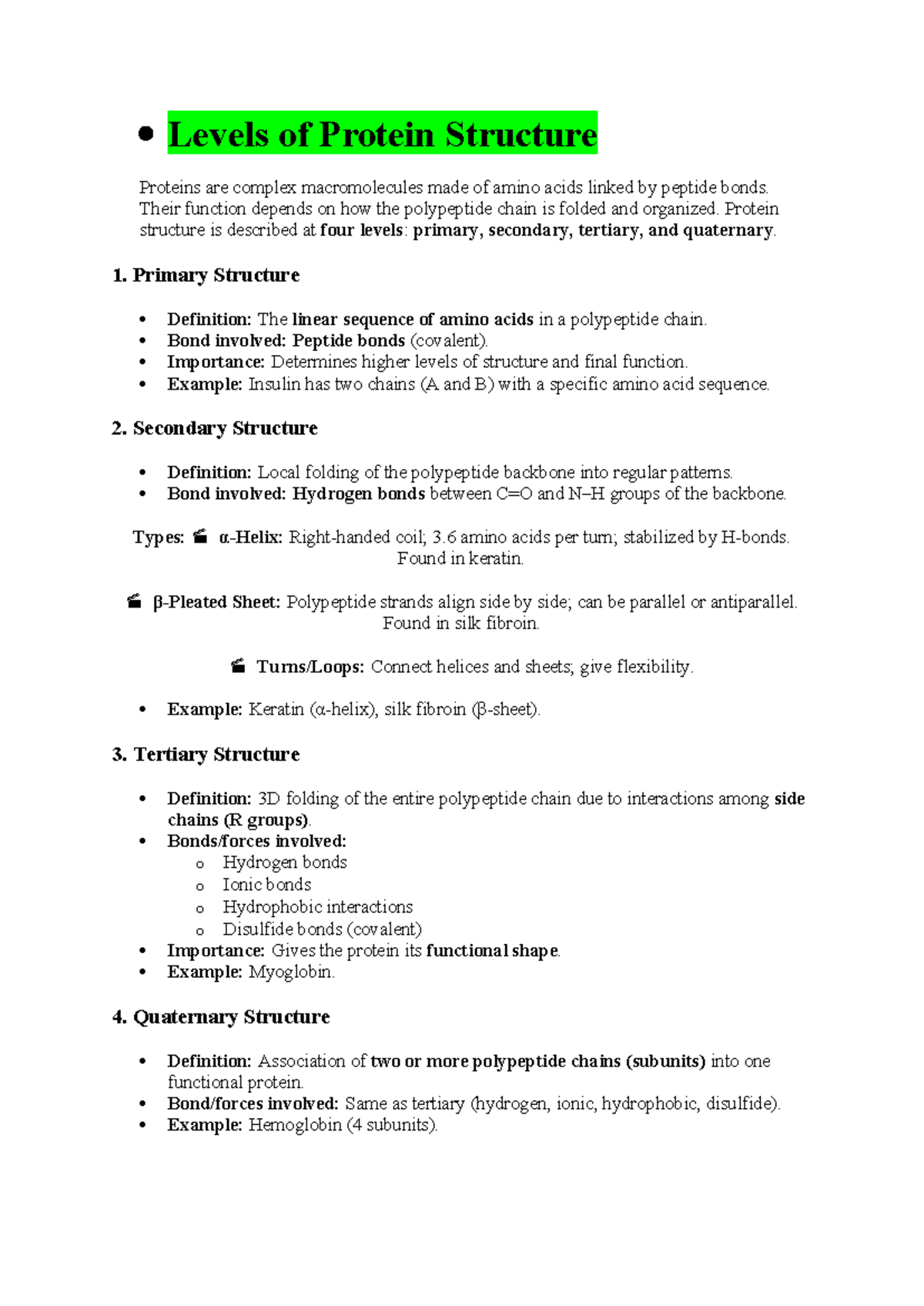 Biochem 101: Levels of Protein Structure and Purification Notes - Studocu
