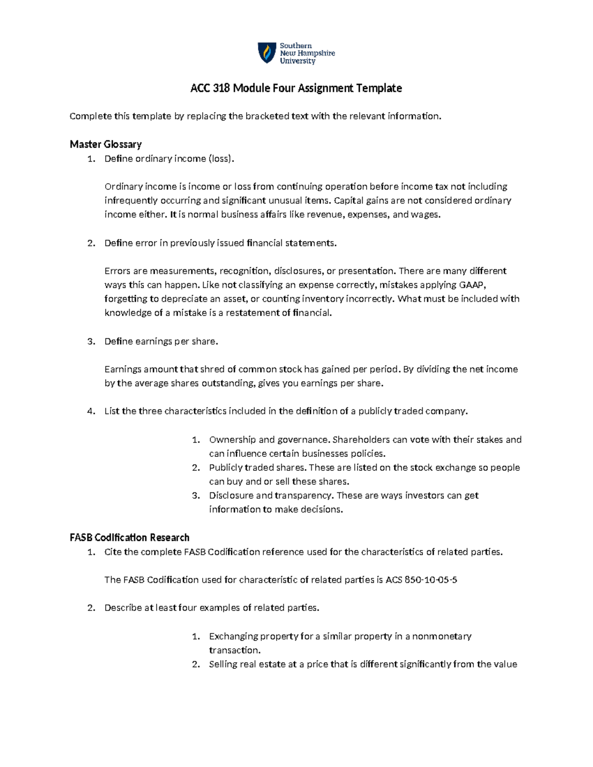 ACC 318 Module Four Assignment Template with FASB Codification Insights ...