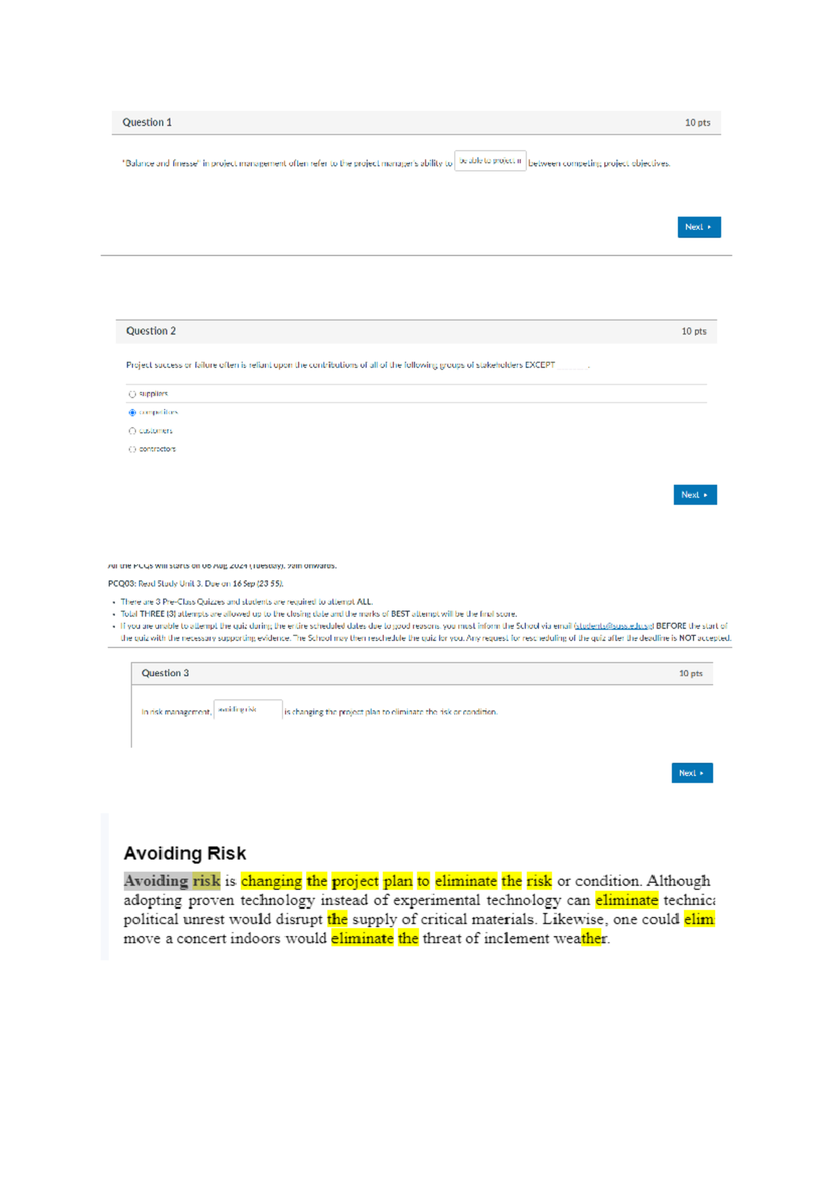 SST101 PCQ 3 - Project Management Concepts and Quiz Overview - Studocu