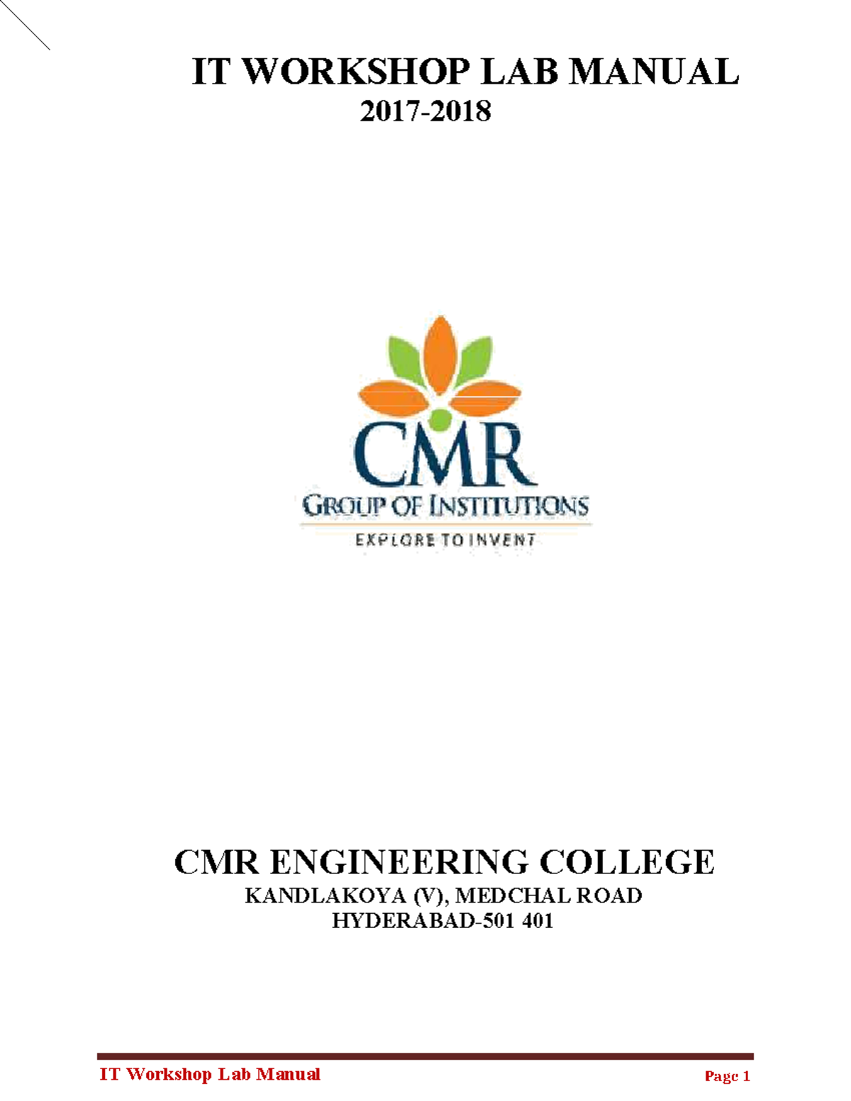 IT Workshop Lab Manual - CMR Engineering College (ITWS 401) - Studocu