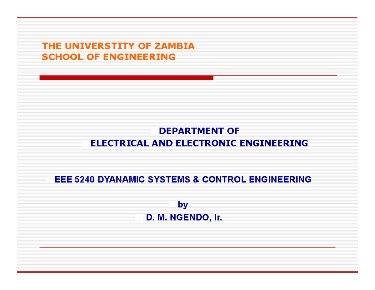 EEE 5240 CH.2 PART I Mathematical Models of Dynamic Systems - Studocu