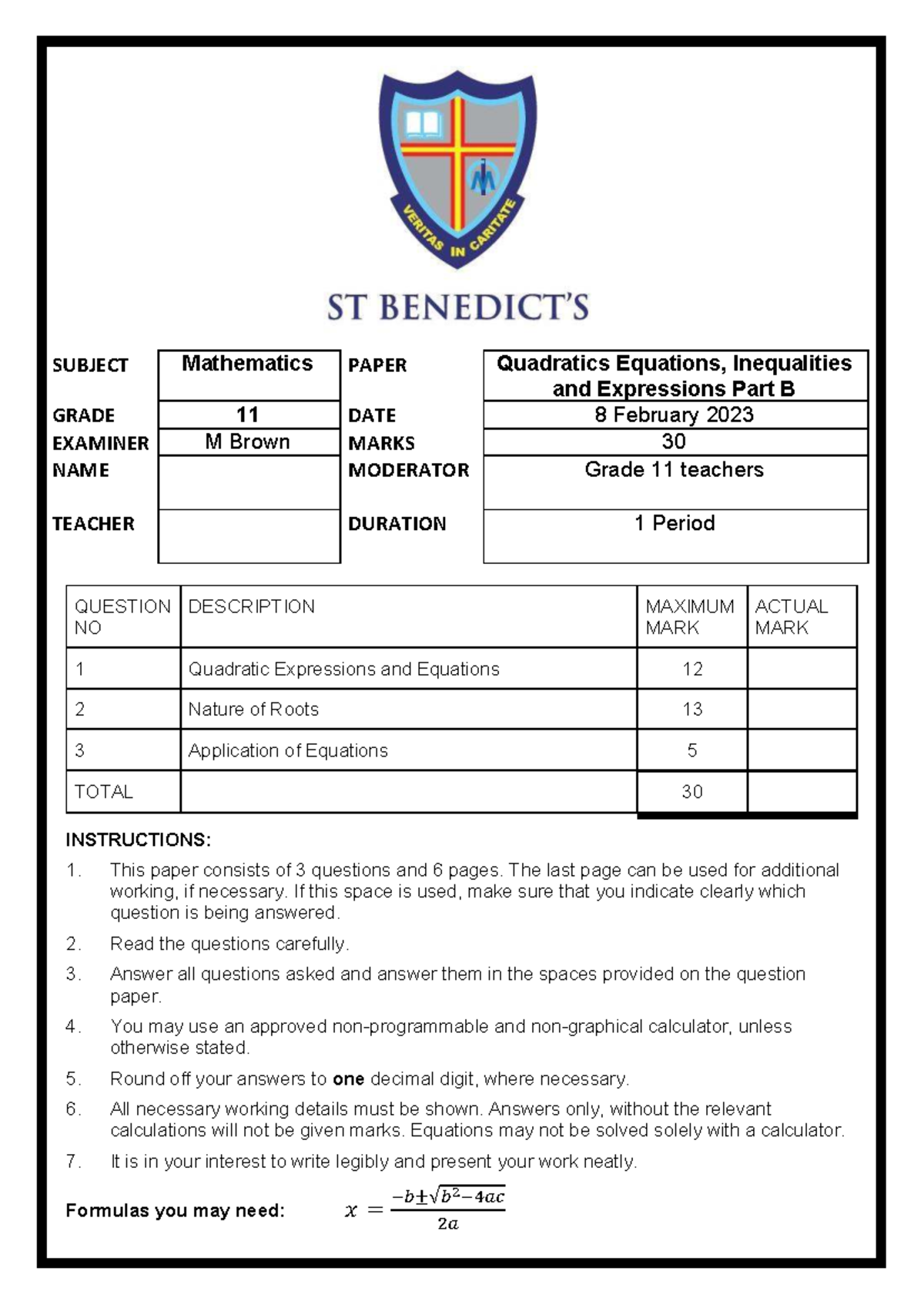 Grade 11 Mathematics: Quadratics Equations & Inequalities Part B Memo ...