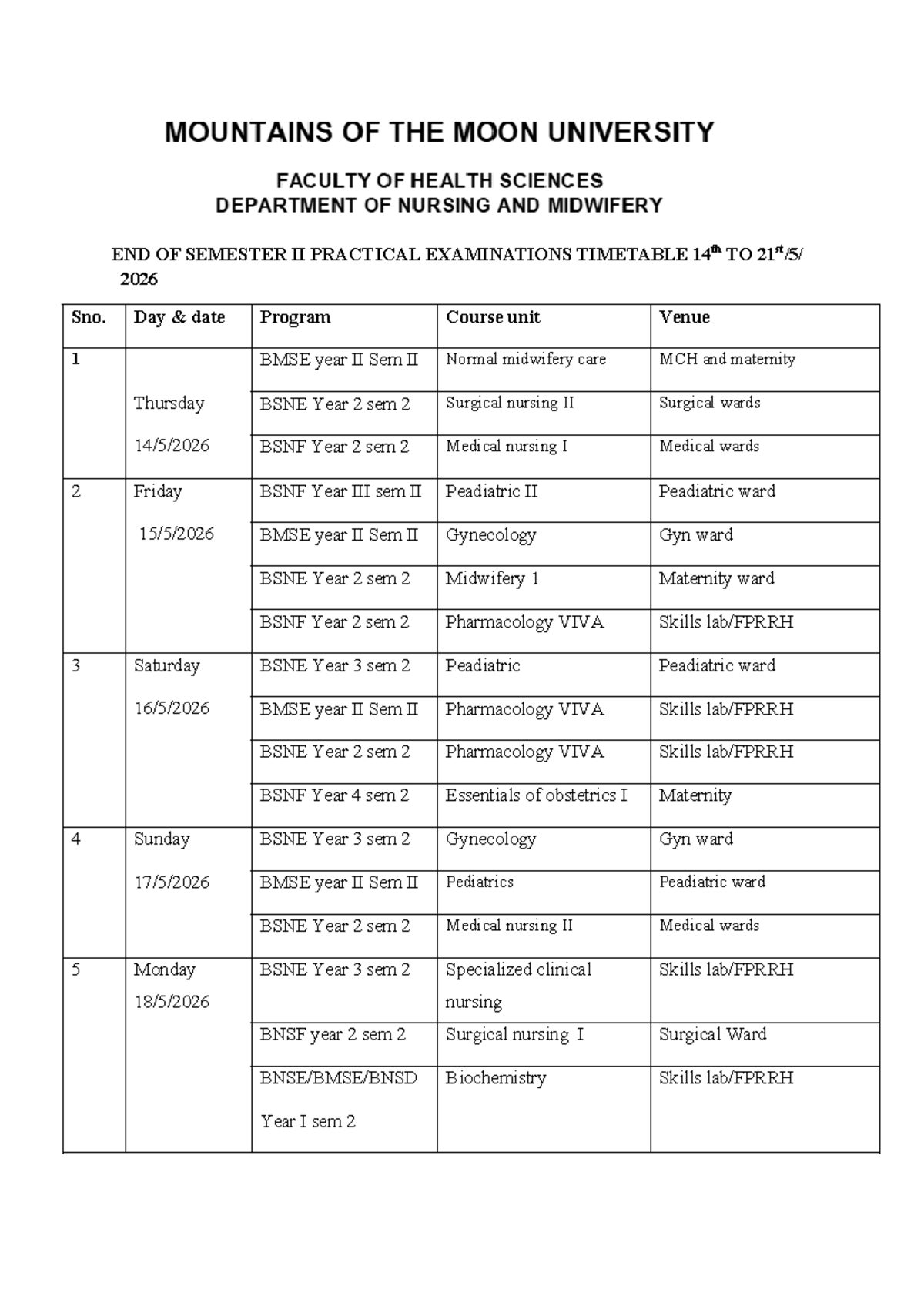 End of Semester II Practical Exam Timetable 2025-2026 - Studocu