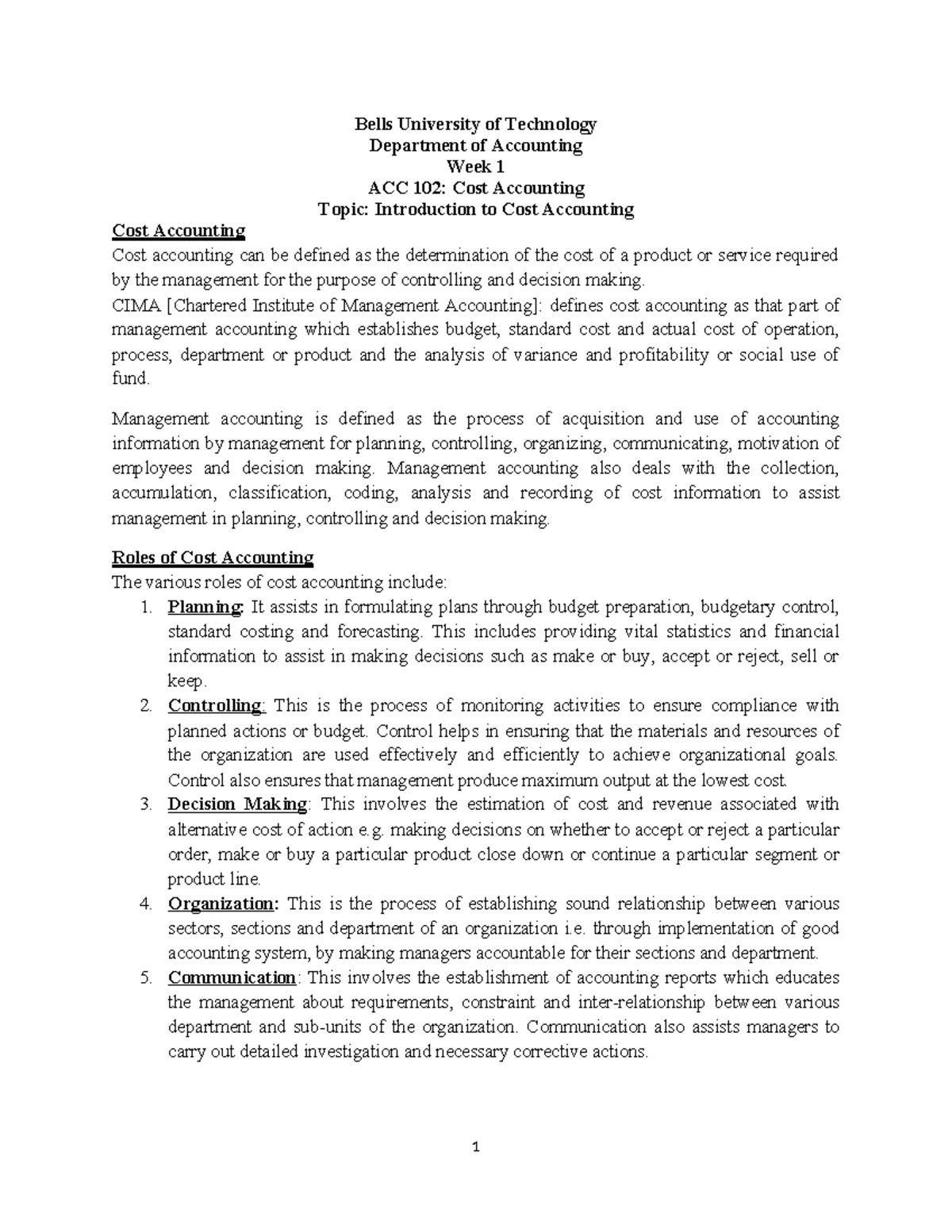 ACC 102: Week 1 Lecture Notes on Cost Accounting Introduction - Studocu