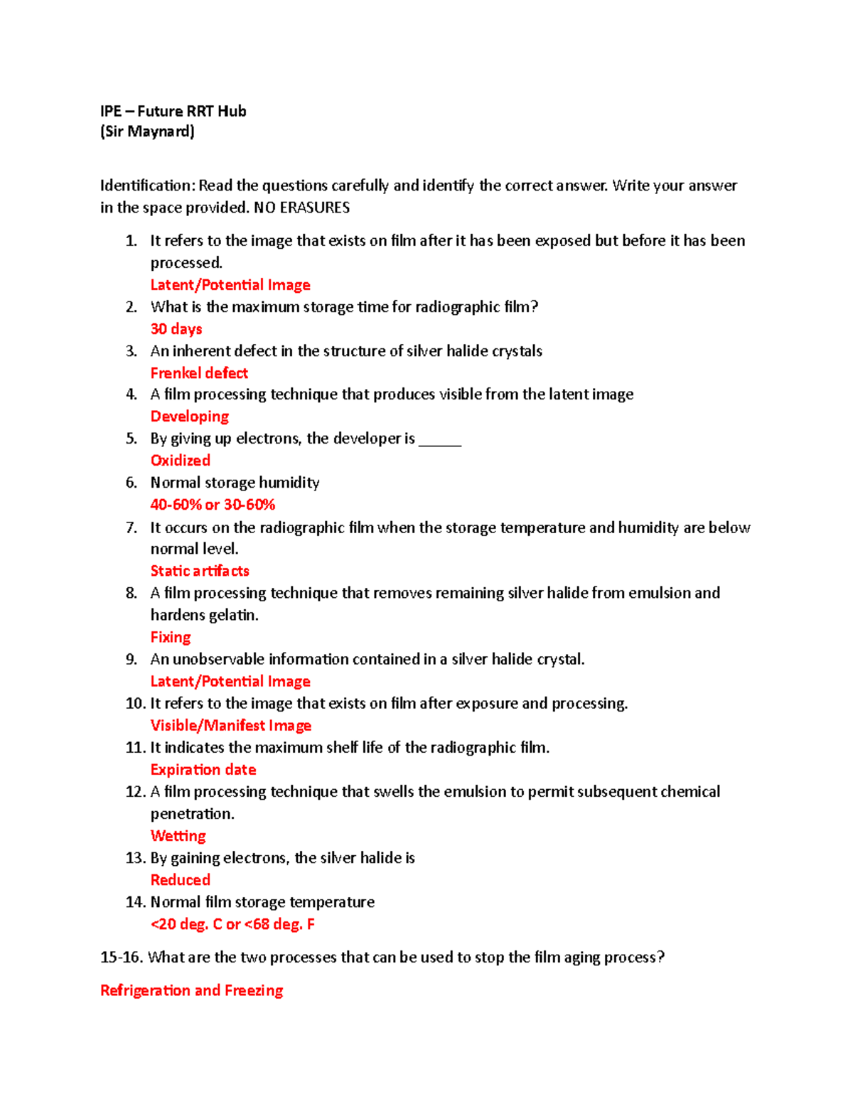 IPE Future RRT Hub Quiz: Radiographic Film Processing & Storage - Studocu