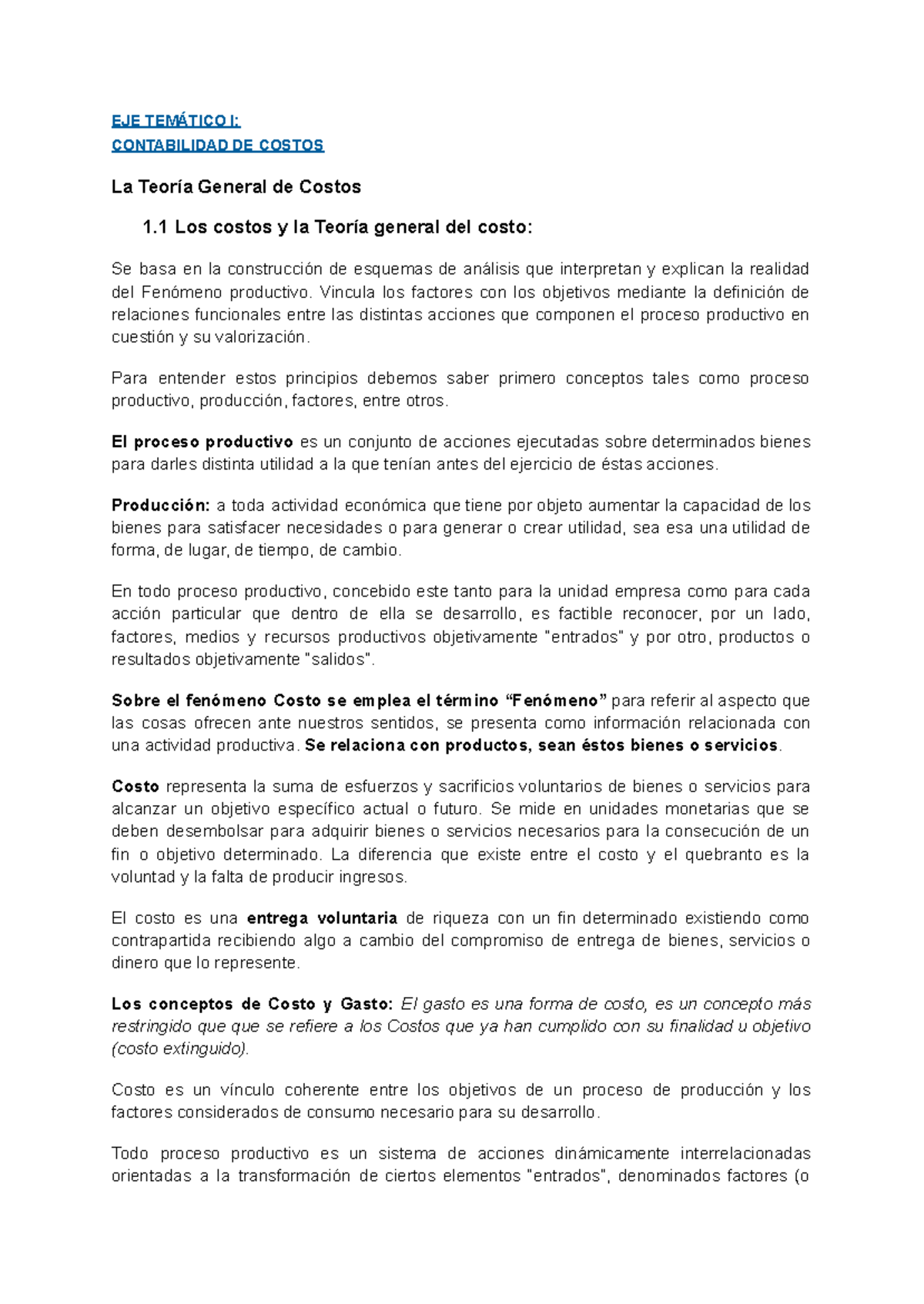 EJE TEMÁTICO I: CONTABILIDAD DE COSTOS - Teoría General de Costos - Studocu