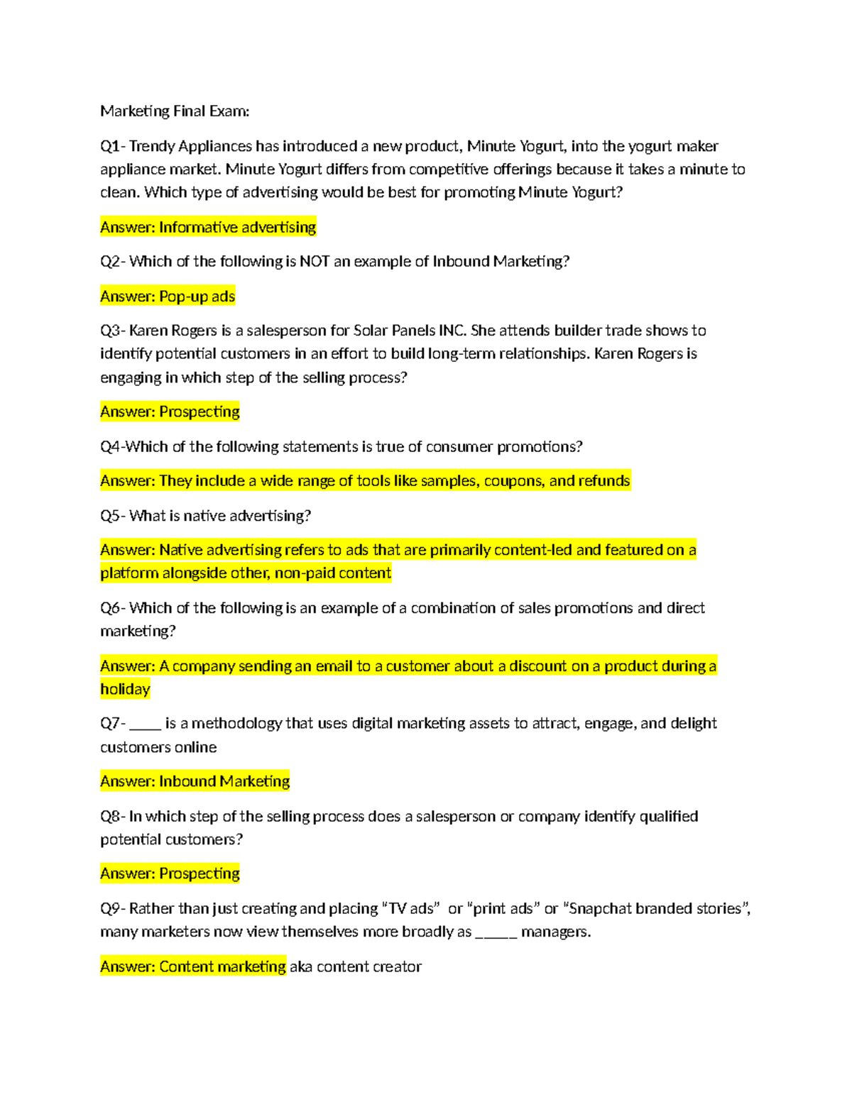Marketing Final Exam: Key Concepts and Advertising Strategies - Studocu