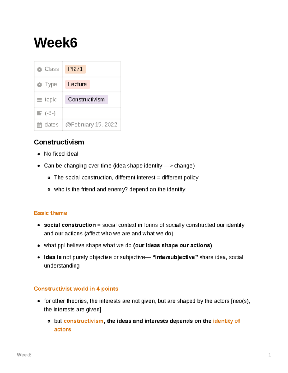 Lecture Notes: Week 6 - Constructivism in International Relations - Studocu