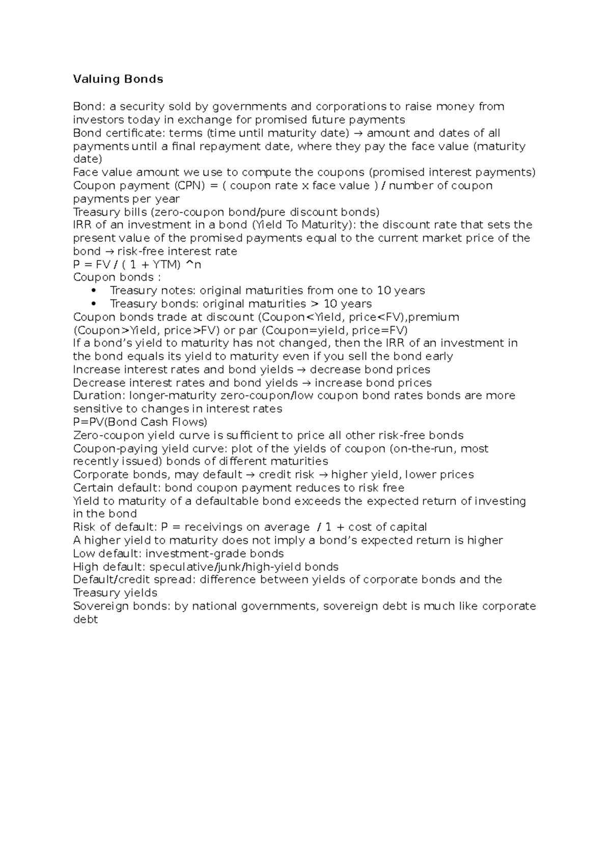 Valuing Bonds - Lecture notes First semester - Valuing Bonds Bond: a ...