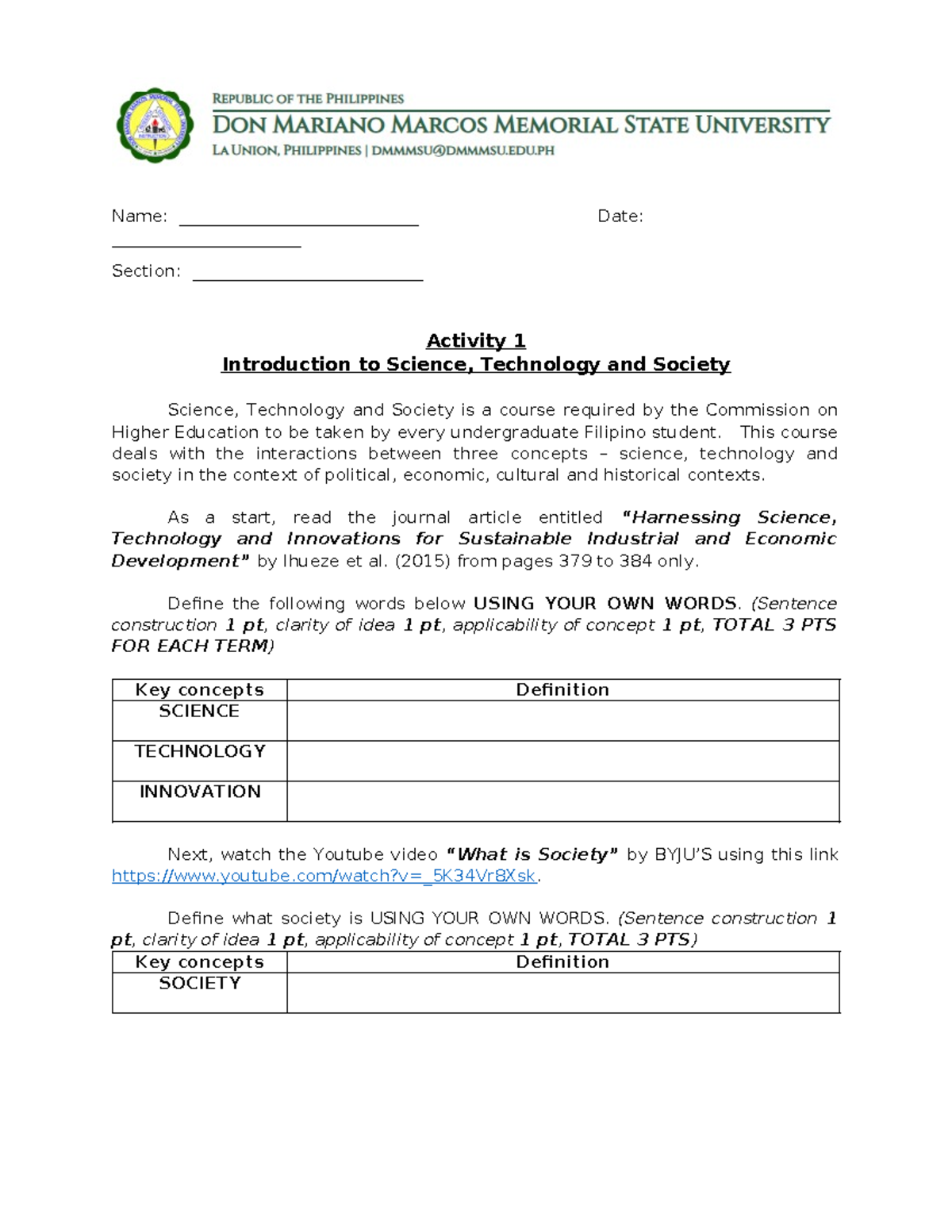 Activity 1: Introduction to STS - Science, Technology, and Society ...