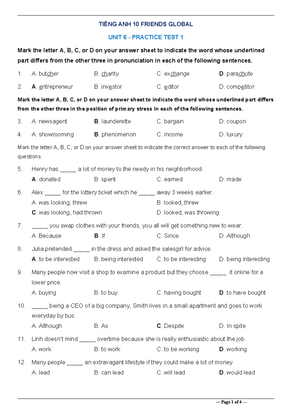 Đáp án Practice Test 1 - Tiếng Anh 10 Friends Global - Unit 6 - Studocu
