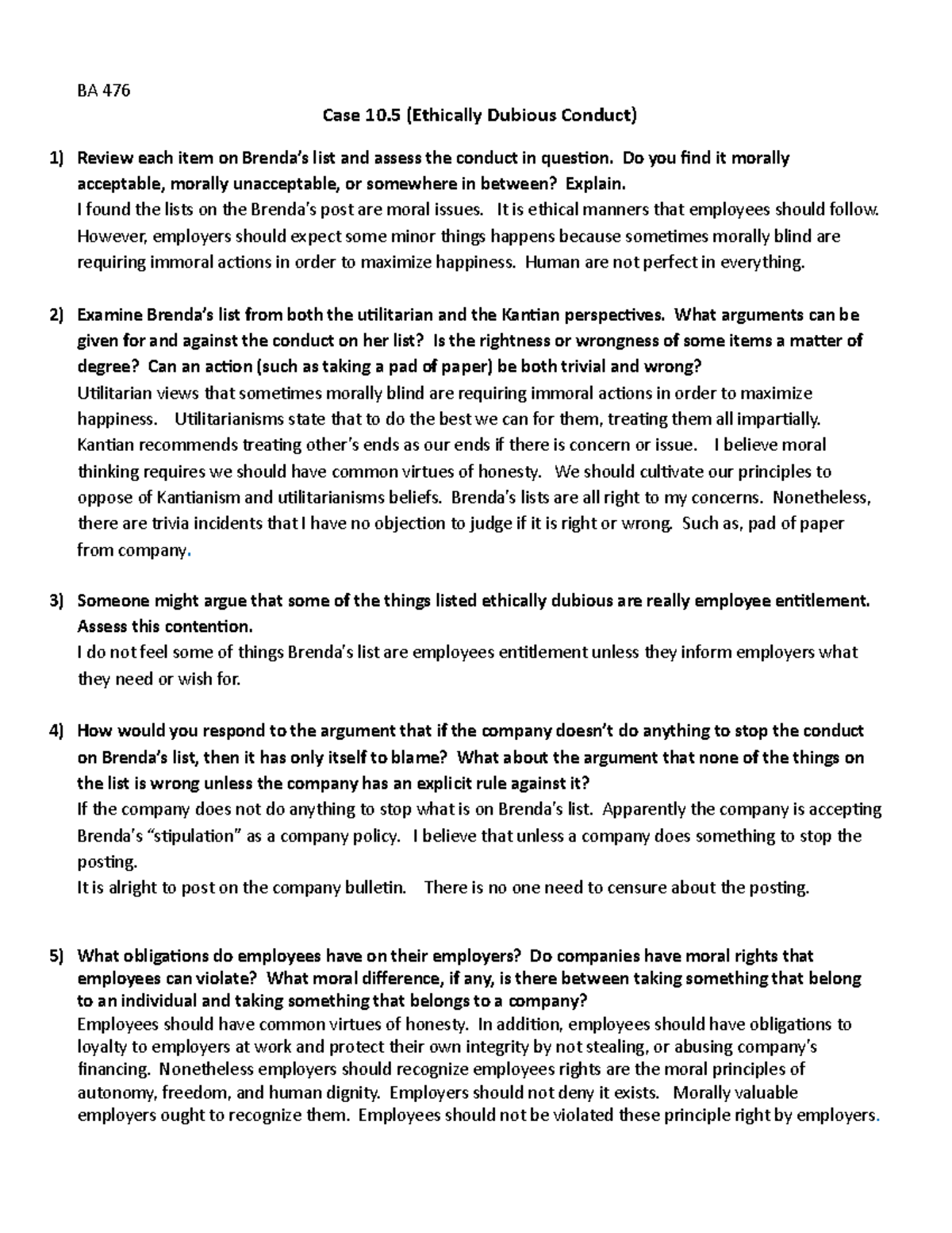 BA 476 Chapter 10 Case Study Questions on Ethical Conduct - Studocu